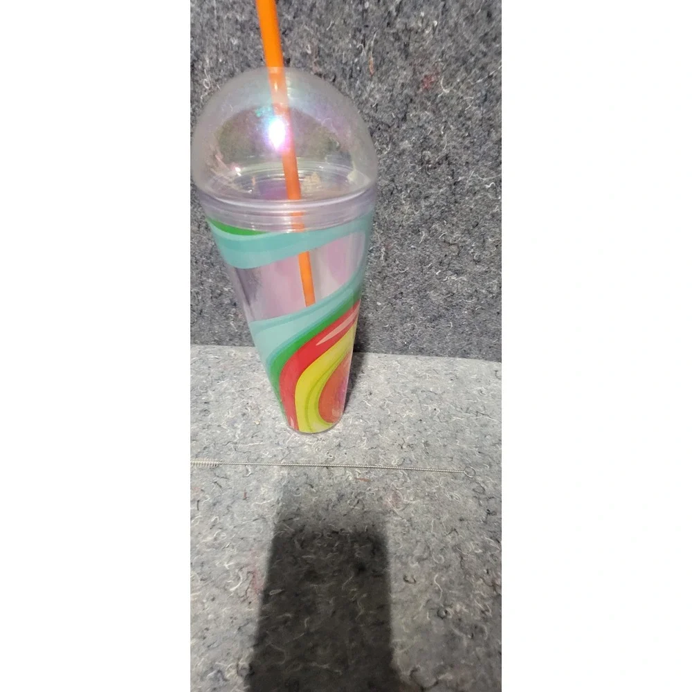 Starbucks Rainbow Swirl Cold Cup Tumbler With Dome Lid &‎ Orange Straw 24 Oz